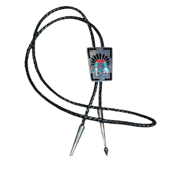 F.L. Natachu Sterling Silver and Inlay Stones Rainbow Man Bolo Tie Vintage Zuni - Picture 9 of 16
